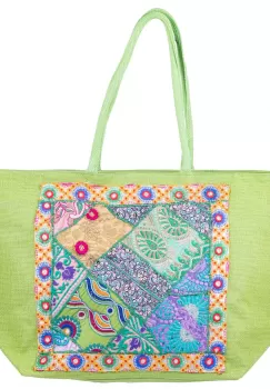 Geanta verde din material textil natural tip sac, cu aplicatie unicat, brodata manual imagine