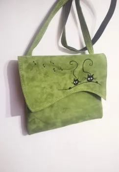 Geanta verde olive ,pictata manual,cu pisicute -Bucurie colorata imagine