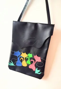 Geanta vesela din piele naturala neagra  ,Dansul pisicutelor imagine