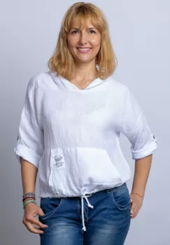 Hanorac alb din in cu buzunar marsupiu si gluga imagine