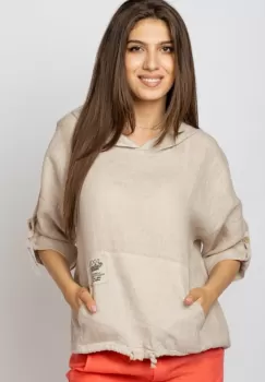 Hanorac bej din in cu buzunar marsupiu si gluga imagine