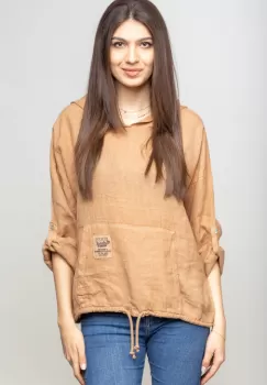 Hanorac camel din in cu buzunar marsupiu si gluga imagine