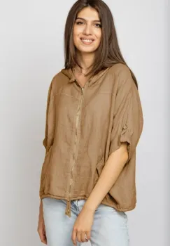 Hanorac camel din in cu fermoar metalic si gluga imagine