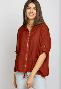 Hanorac caramiziu din in cu fermoar metalic si gluga imagine