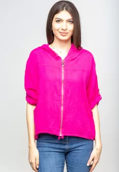 Hanorac fucsia din in cu fermoar metalic si gluga imagine