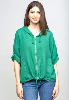 Hanorac verde din in cu fermoar metalic si gluga imagine