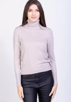 Helanca pulover cu guler inalt si nasturei pe maneca, cu cashmere, bej imagine
