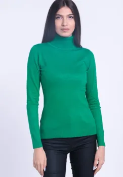 Helanca pulover cu guler inalt si nasturei pe maneca, verde smarald imagine