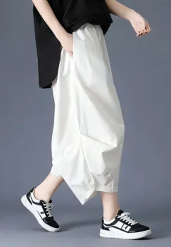 Pantaloni balon cu drapaj lateral, stil japonez, albi imagine