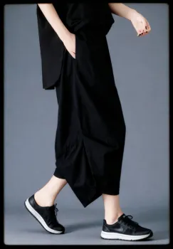 Pantaloni balon cu drapaj lateral, stil japonez, negri imagine