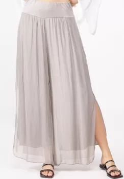 Pantaloni bej din matase naturala cu crapaturi laterale imagine