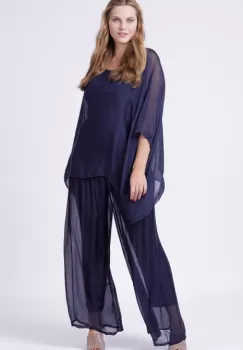 Pantaloni bleumarin, drepti, cu dublura, din matase naturala imagine