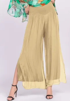 Pantaloni camel deschis din matase naturala cu crapaturi laterale imagine