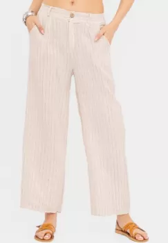 Pantaloni cu fermoar, de vara, din in, cu dungute fine, bej imagine