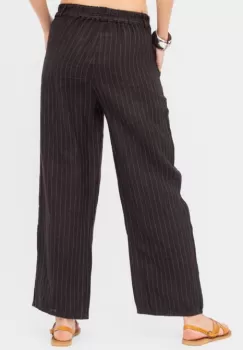Pantaloni cu fermoar, de vara, din in, cu dungute fine, negri imagine