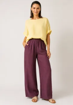 Pantaloni dama din in cu croi palazzo si talie elastica, mov pruna imagine