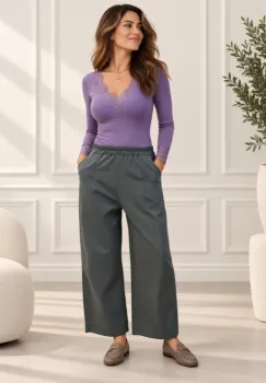 Pantaloni dama din jerseu de bumbac cu croi larg si fronseu lateral, kaki imagine