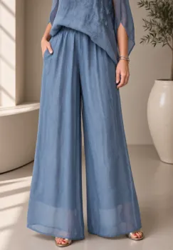 Pantaloni dama eleganti, largi, din matase si vascoza cu dublura, albastru jeans usor prespalata imagine