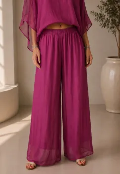 Pantaloni dama eleganti, largi, din matase si vascoza cu dublura, magenta usor prespalata imagine
