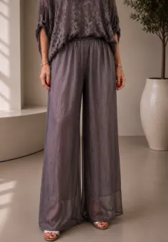 Pantaloni dama eleganti, largi, din matase si vascoza cu dublura, maro usor prespalata imagine