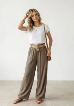 Pantaloni dama lejeri din tencel, cu talie elastica si curea, bej inchis imagine