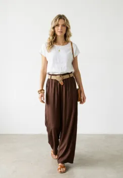 Pantaloni dama lejeri din tencel, cu talie elastica si curea, maro imagine