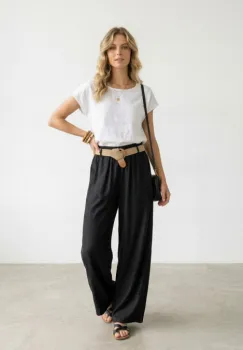 Pantaloni dama lejeri din tencel, cu talie elastica si curea, negri imagine