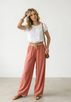 Pantaloni dama lejeri din tencel, cu talie elastica si curea, roz inchis imagine