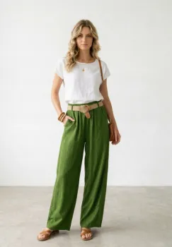 Pantaloni dama lejeri din tencel, cu talie elastica si curea, verde olive imagine