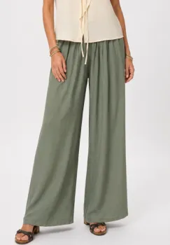 Pantaloni dama palazzo din vascoza cu talie elastica si curea, kaki imagine