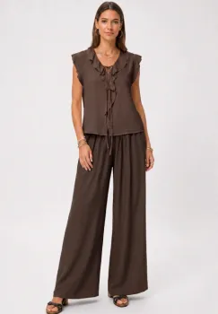 Pantaloni dama palazzo din vascoza cu talie elastica si curea, maro imagine