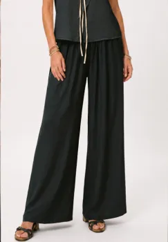 Pantaloni dama palazzo din vascoza cu talie elastica si curea, negri imagine