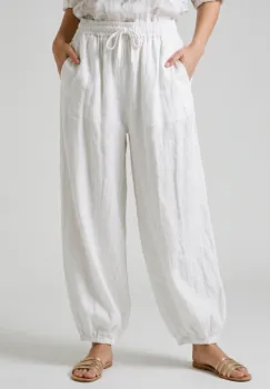 Pantaloni de vara, din in, croi balon, cu elastic la glezna, siret in talie, albi imagine