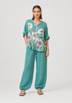Pantaloni de vara, din in, croi balon, cu elastic la glezna, siret in talie, turcoaz deschis imagine