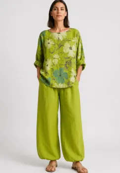 Pantaloni de vara, din in, croi balon, cu elastic la glezna, siret in talie, verde deschis imagine