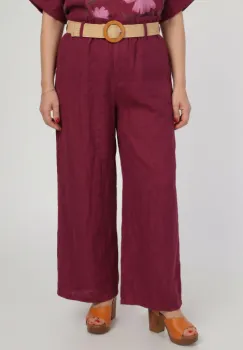 Pantaloni de vara din in, croi palazzo, cu curea in talie, bordo imagine