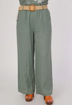 Pantaloni de vara din in, croi palazzo, cu curea in talie, kaki imagine