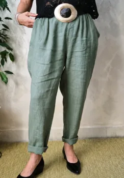 Pantaloni de vara din in, croi pana, cu siret in talie, kaki imagine