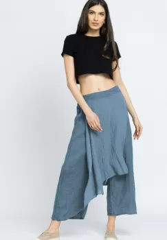 Pantaloni de vara din in, cu aplicatii pe fata si spate, albastru jeans imagine