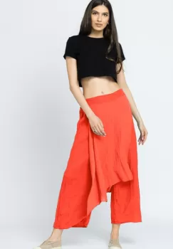 Pantaloni de vara din in, cu aplicatii pe fata si spate, corai imagine