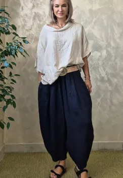 Pantaloni de vara din in cu croi balon oversized si talie elastica, bleumarin imagine