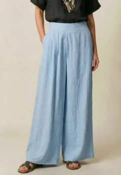 Pantaloni de vara din in cu croiala ampla si pliuri in talie, bleu imagine