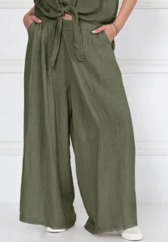 Pantaloni de vara din in cu croiala ampla si pliuri in talie, kaki imagine