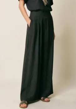 Pantaloni de vara din in cu croiala ampla si pliuri in talie, negri imagine