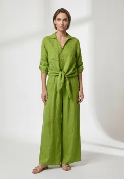 Pantaloni de vara din in cu croiala ampla si pliuri in talie, verde olive imagine