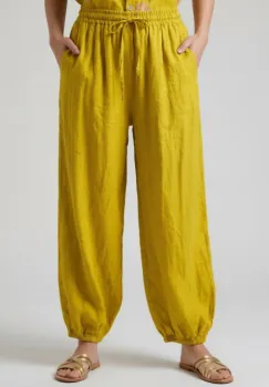 Pantaloni de vara Harem, din in, croi balon, cu siret in talie, galbeni imagine