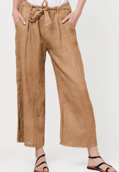 Pantaloni din in, cu cordon in talie, camel imagine