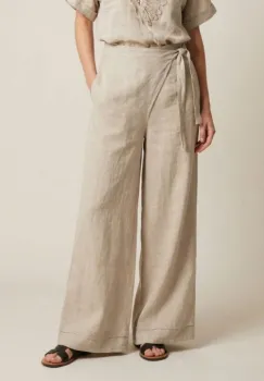 Pantaloni din in petrecuti, croi amplu, talie ajustabila, stil natural elegant, bej imagine