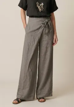 Pantaloni din in petrecuti, croi amplu, talie ajustabila, stil natural elegant, bej inchis imagine