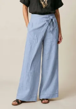 Pantaloni din in petrecuti, croi amplu, talie ajustabila, stil natural elegant, bleu imagine